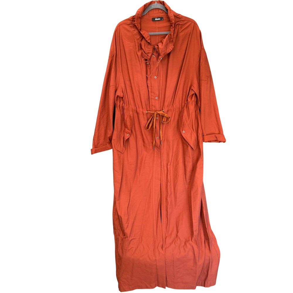 Womens Large Rust Orange Utility Coat Trench LONG Drawstring Long Rayon BBY1002